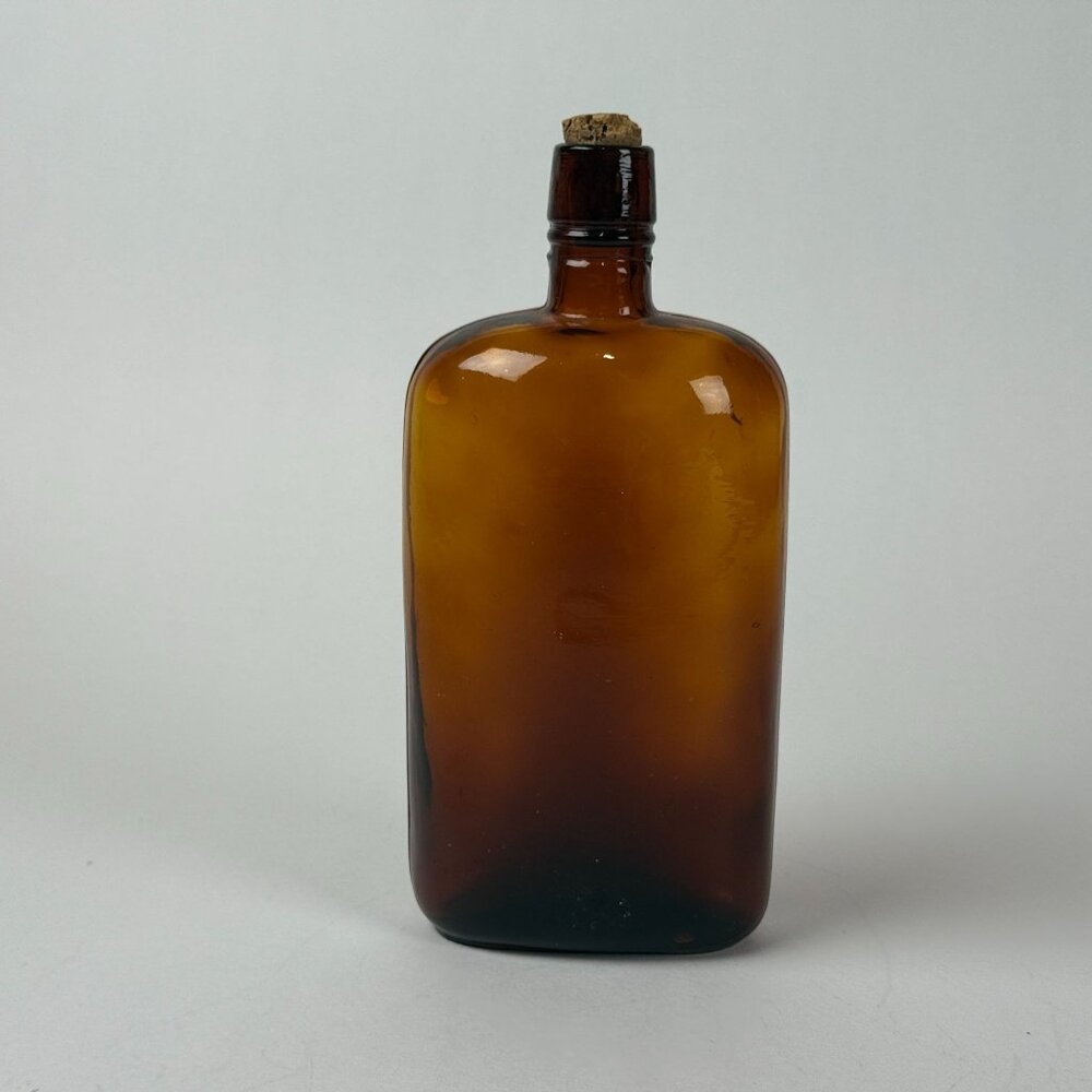 Amber 16 Fluid Ounce Bottle With Cork Vintage Rectangular Apothecary Style Brown